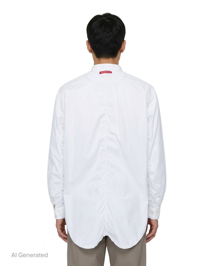 Undercover white long sleeve pullover shirt with band collar, half-button placket, and two flap pockets at the waist - back