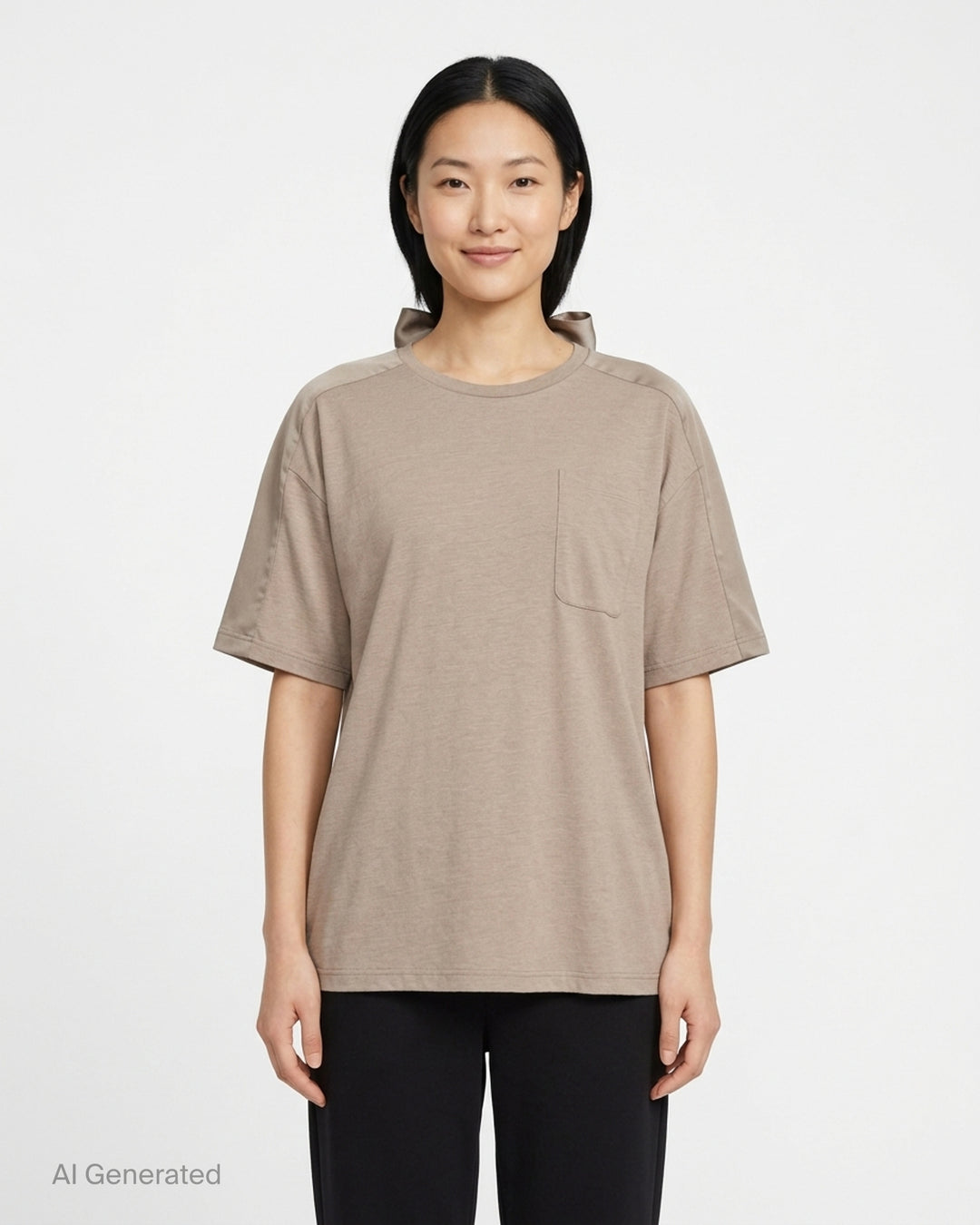 Undercover Shoulder Panel Tee in taupe with satin shoulder panels, chest pocket and knotted ribbon tie at the back neckline - front