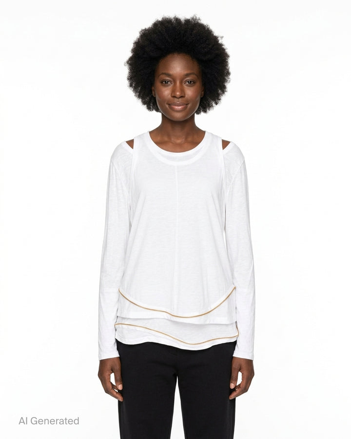 Undercover black layered long sleeve tee with tank overlay, cut-out shoulders and gold zip trim along the hem - front