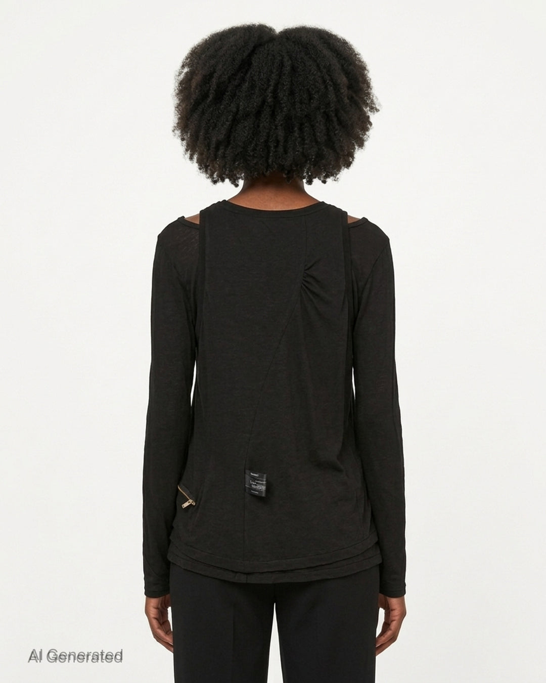 Undercover black layered long sleeve tee with tank overlay, cut-out shoulders and gold zip trim along the hem - back