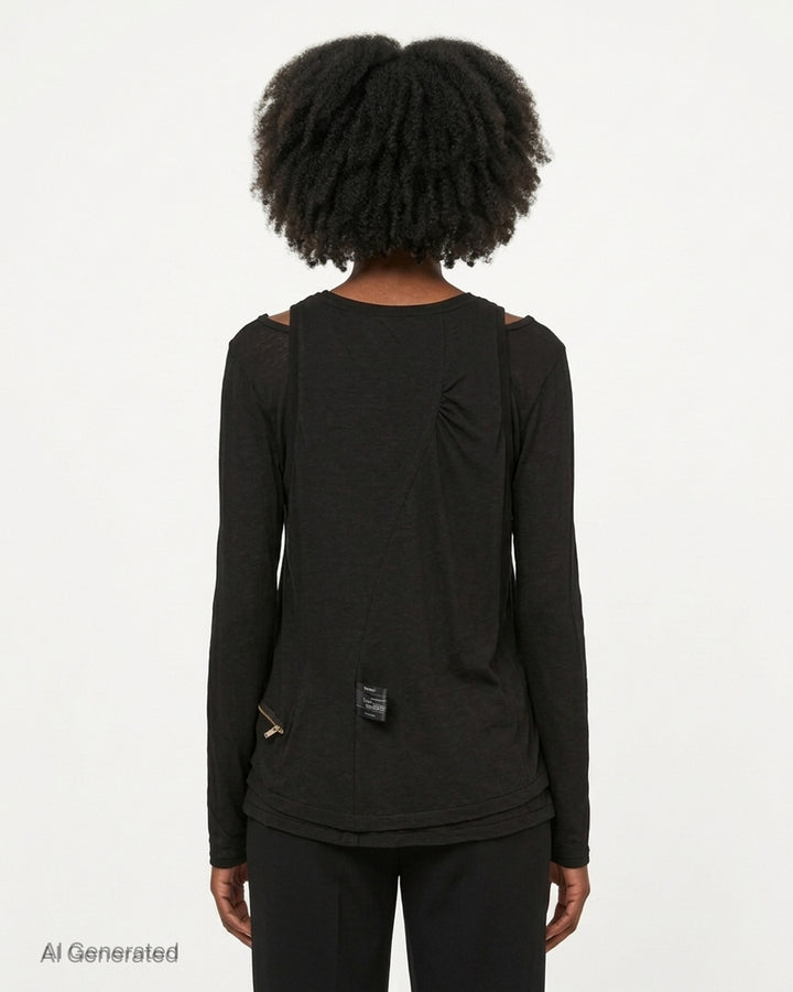 Undercover black layered long sleeve tee with tank overlay, cut-out shoulders and gold zip trim along the hem - back