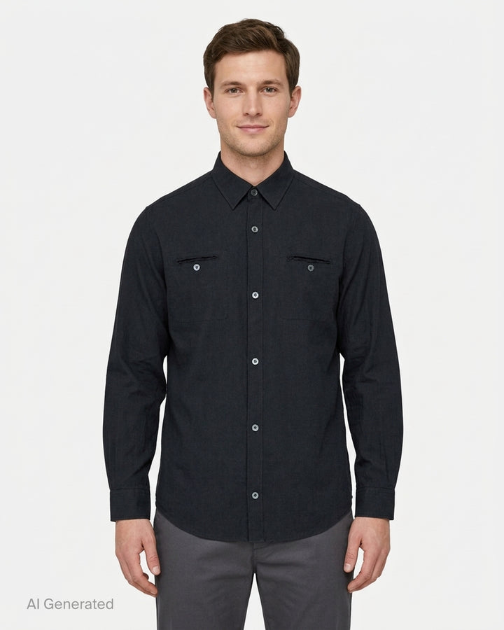 Undercover two pocket long sleeve shirt in washed black with raw-edged chest pockets and pearlescent buttons, front view - front