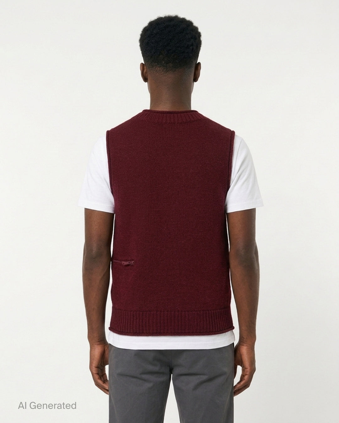 Undercover burgundy knit vest with ribbed V-neck and a horizontal zip pocket at the lower front - back