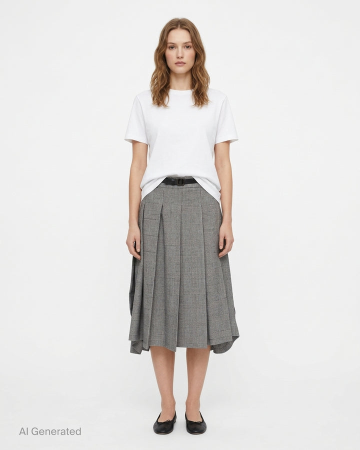 Vaquera grey houndstooth check pleated midi skirt with asymmetric draped hem and slim black buckle belt - front