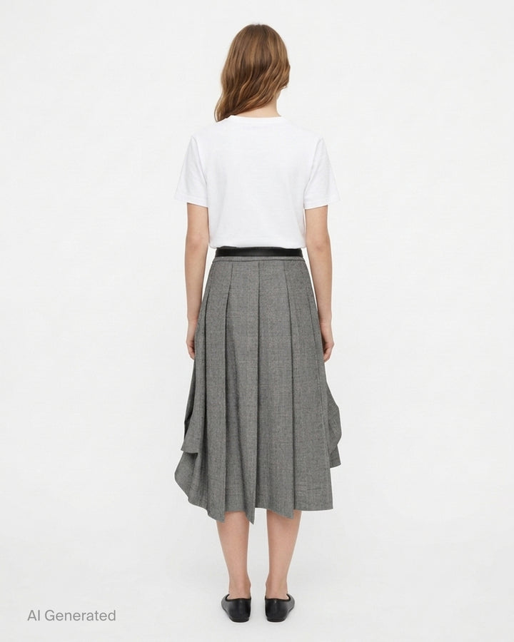 Vaquera grey houndstooth check pleated midi skirt with asymmetric draped hem and slim black buckle belt - back