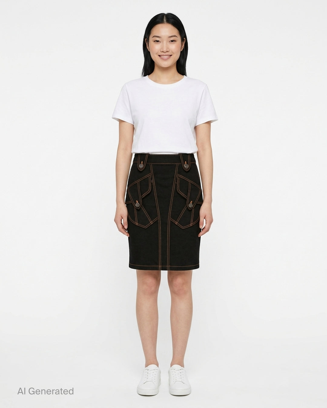 Vaquera black denim pencil skirt with orange contrast topstitching, angular flap pockets and engraved metal buttons, front view - front
