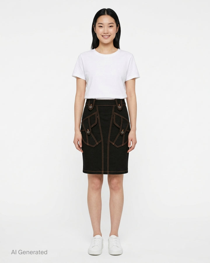 Vaquera black denim pencil skirt with orange contrast topstitching, angular flap pockets and engraved metal buttons, front view - front