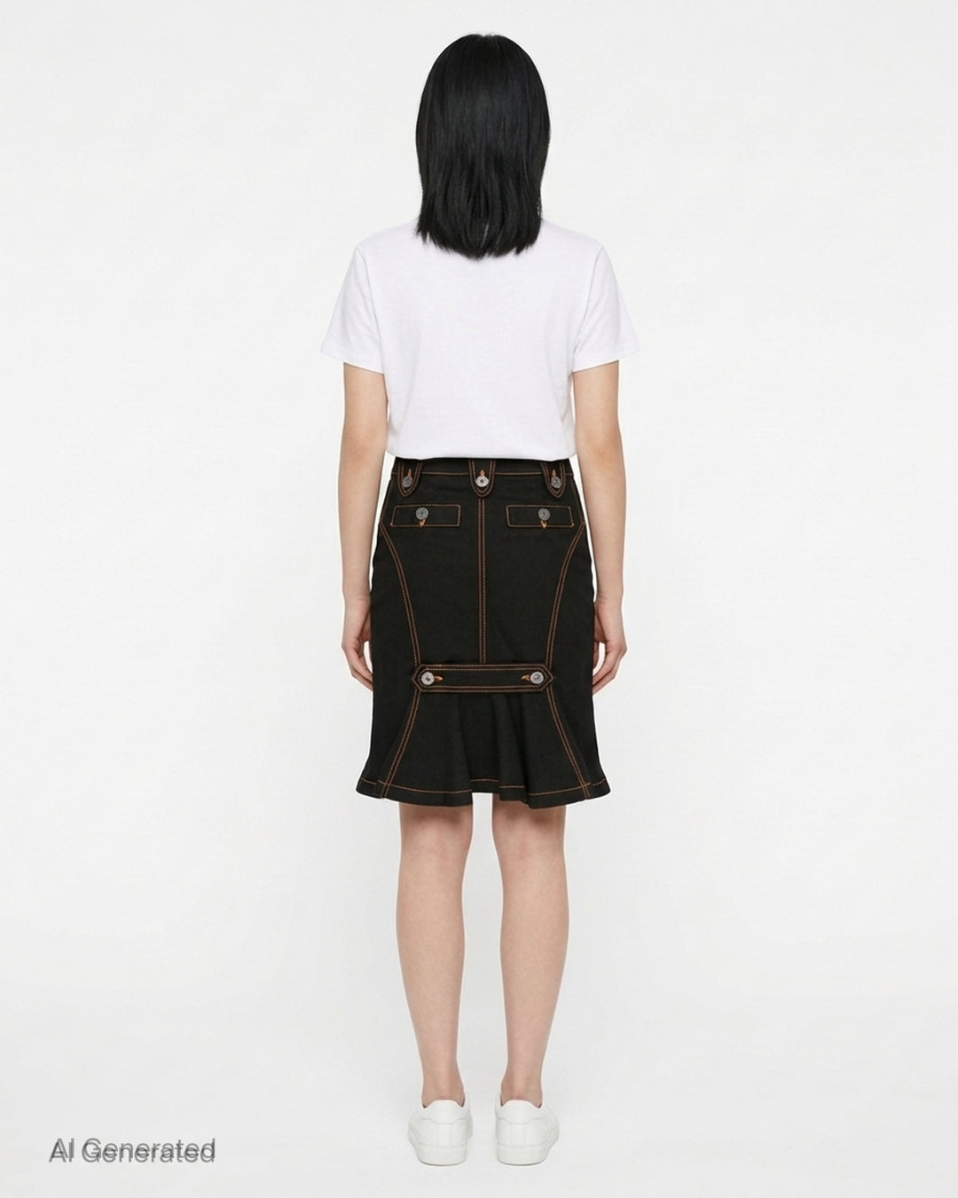 Vaquera black denim pencil skirt with orange contrast topstitching, angular flap pockets and engraved metal buttons, front view - back