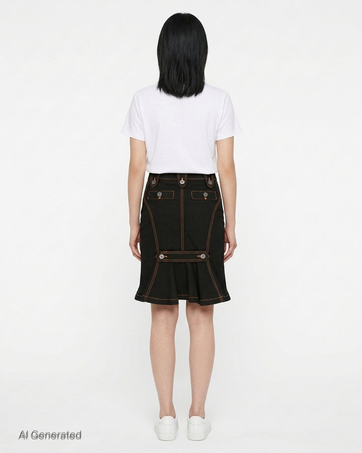 Vaquera black denim pencil skirt with orange contrast topstitching, angular flap pockets and engraved metal buttons, front view - back
