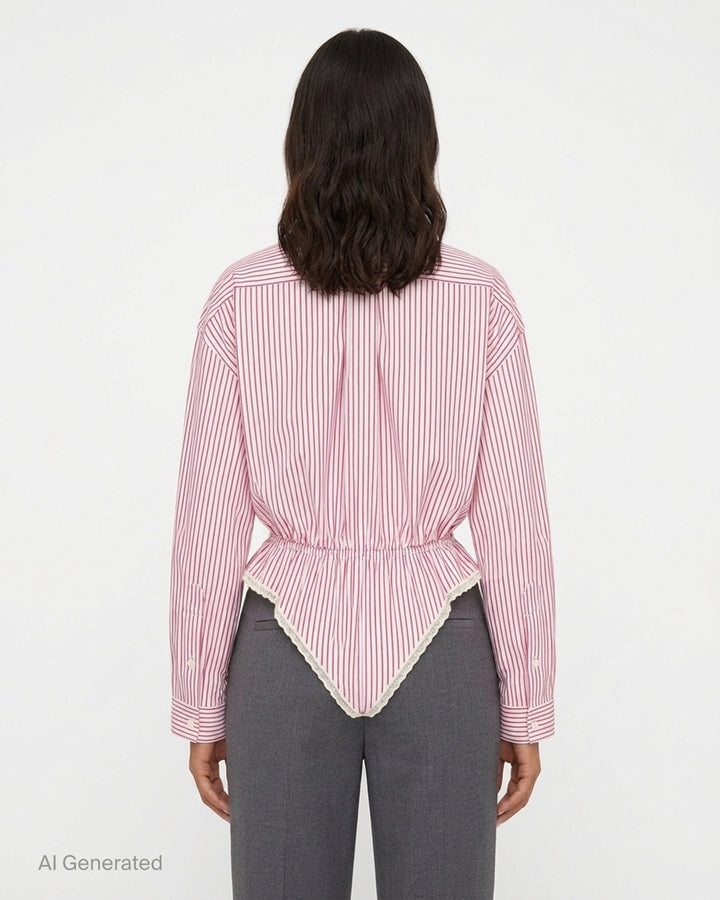 Vaquera red and white striped button-down shirt bodysuit with elasticated peplum waist and cream lace-trimmed leotard base - back