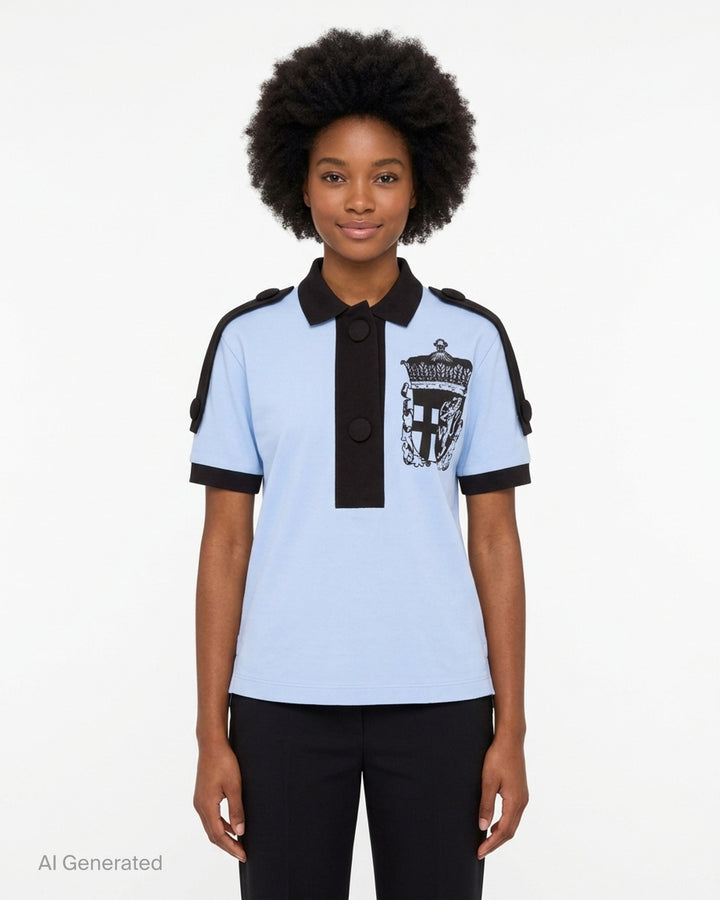 Vaquera light blue piqué polo with black collar, placket, epaulettes and cuffs, featuring a black heraldic crest print on the chest - front