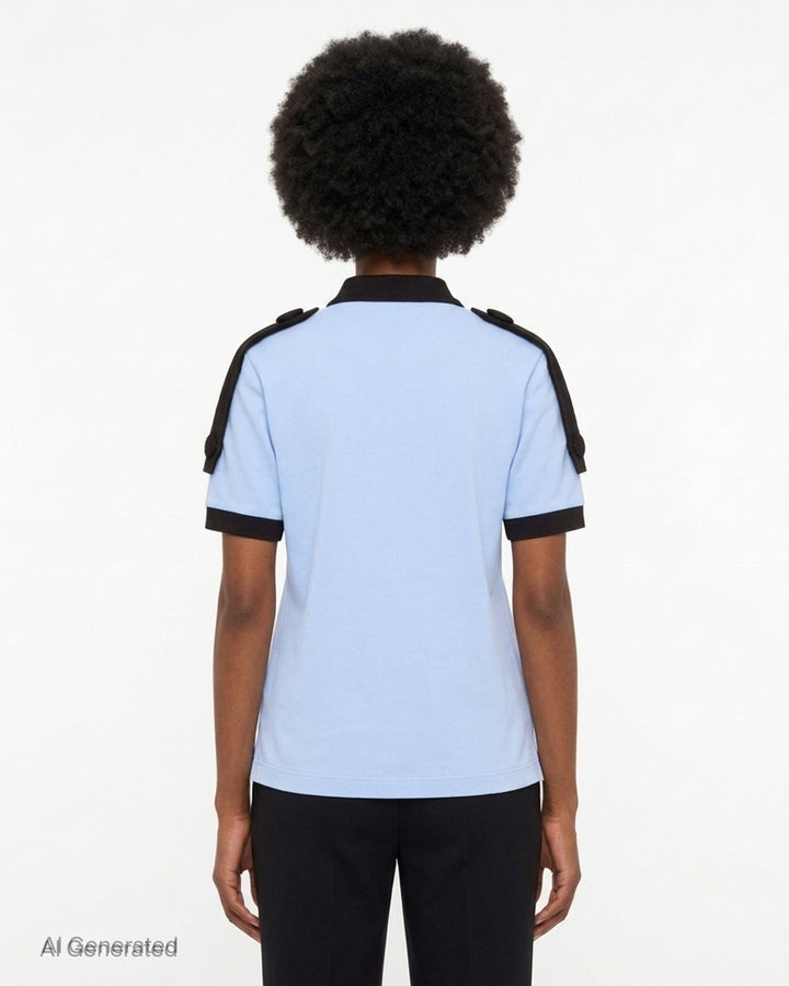 Vaquera light blue piqué polo with black collar, placket, epaulettes and cuffs, featuring a black heraldic crest print on the chest - back