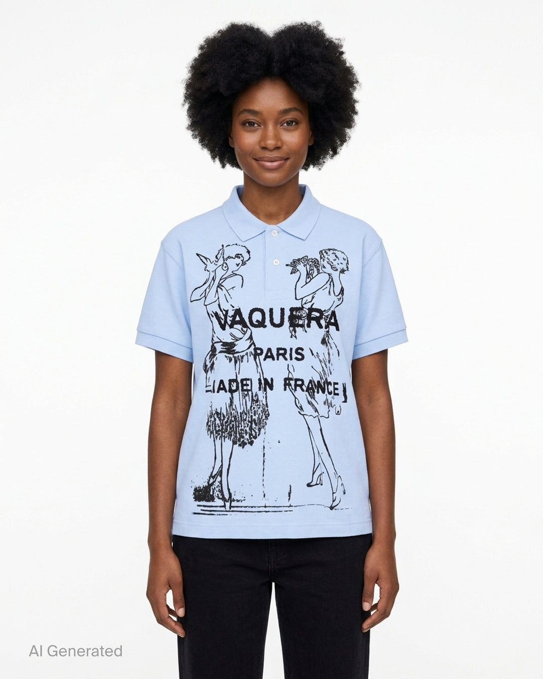 Vaquera light blue short-sleeve polo with a black flocked flapper illustration and Vaquera Paris Made in France print on the front - front