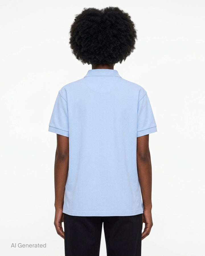 Vaquera light blue short-sleeve polo with a black flocked flapper illustration and Vaquera Paris Made in France print on the front - back