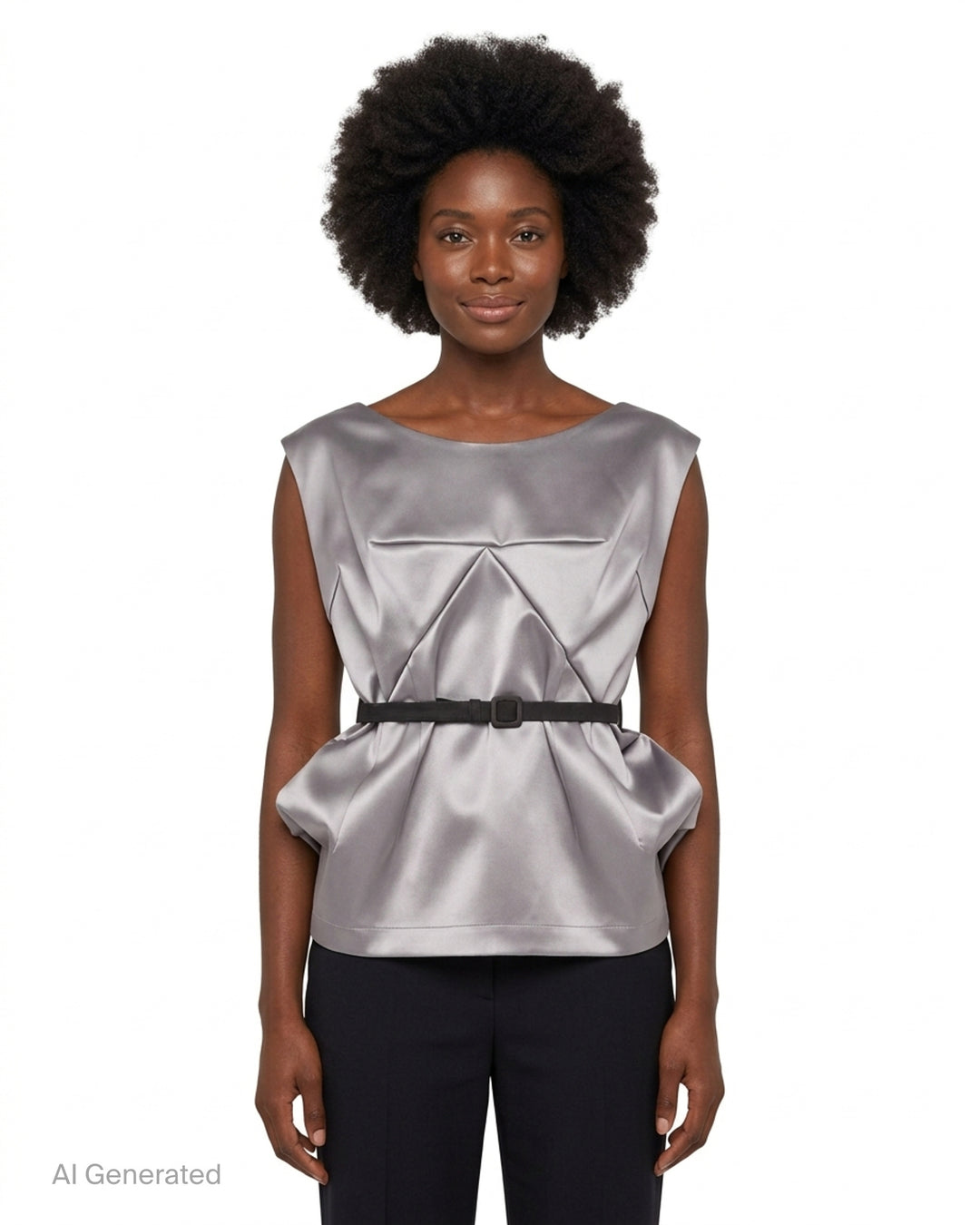 Vaquera grey satin sleeveless top with origami-style pleating, a scooped neckline and a slim black buckle belt at the waist - front