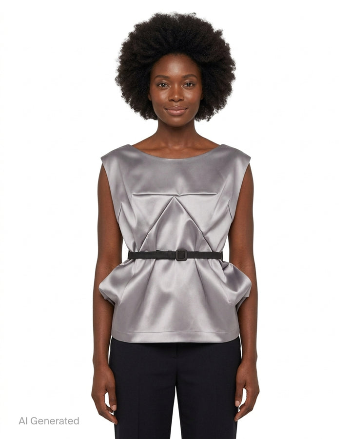 Vaquera grey satin sleeveless top with origami-style pleating, a scooped neckline and a slim black buckle belt at the waist - front