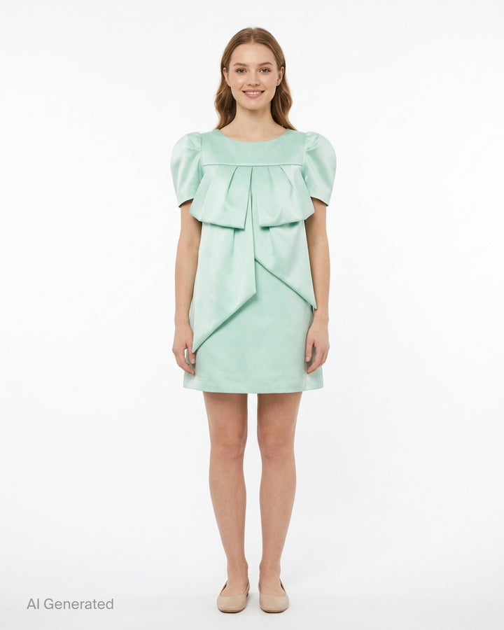 Vaquera mint green satin dress with puff sleeves and an oversized pleated bow at the front, shown flat against a white background - front