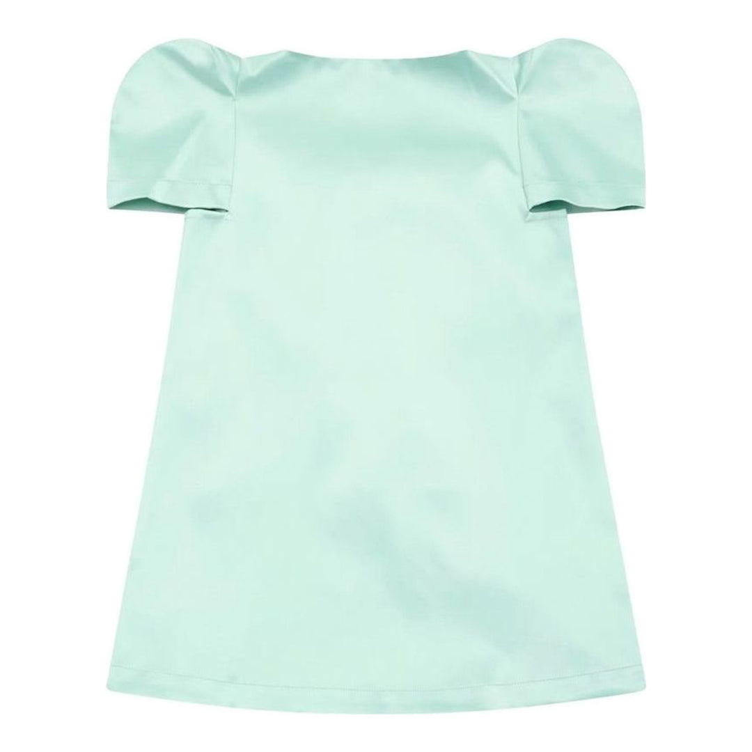 Vaquera mint green satin dress with puff sleeves and an oversized pleated bow at the front, shown flat against a white background - packshot