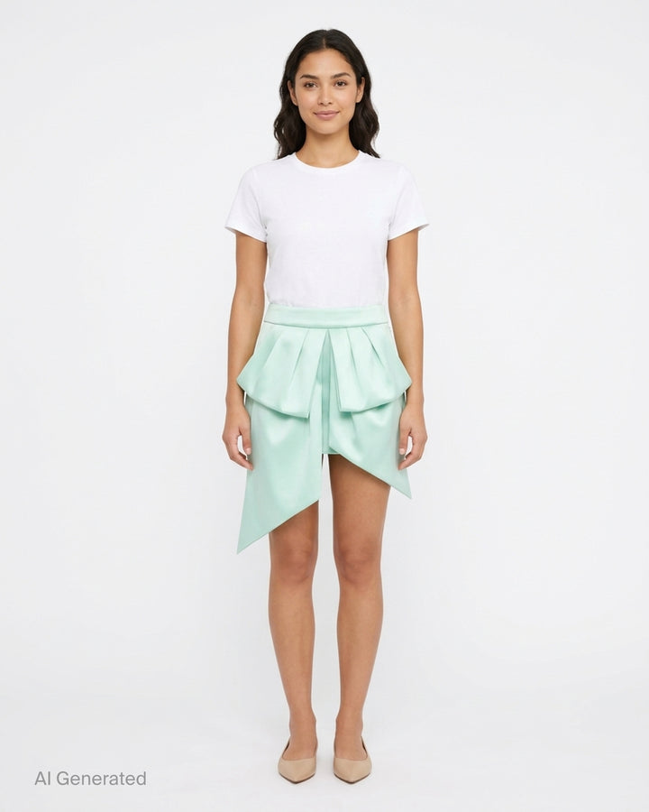 Vaquera mint green satin mini skirt with an oversized pleated bow overlay and long trailing tails, shown flat against a white background - front