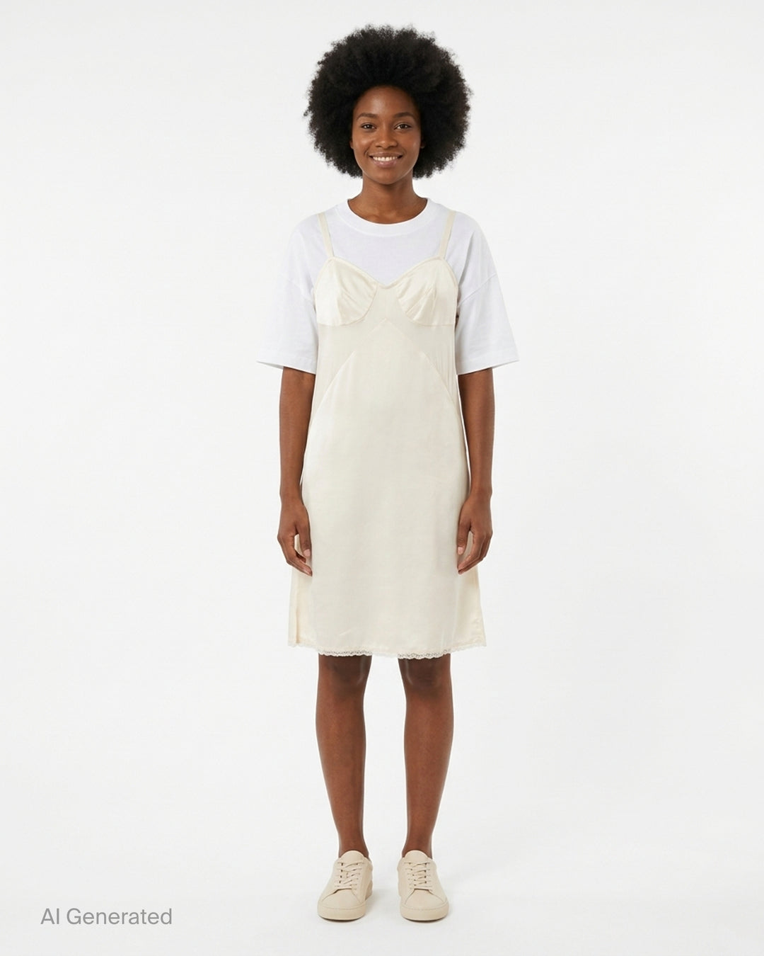 Vaquera layered dress combining an oversized white T-shirt with a cream satin bustier slip dress with lace hem - front