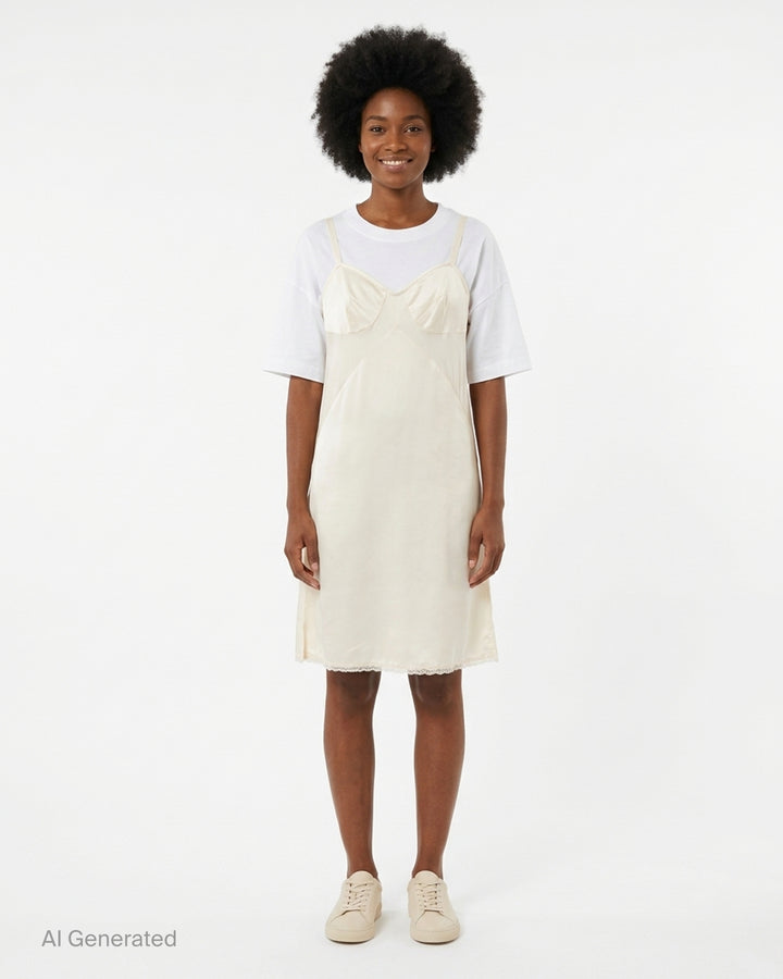 Vaquera layered dress combining an oversized white T-shirt with a cream satin bustier slip dress with lace hem - front