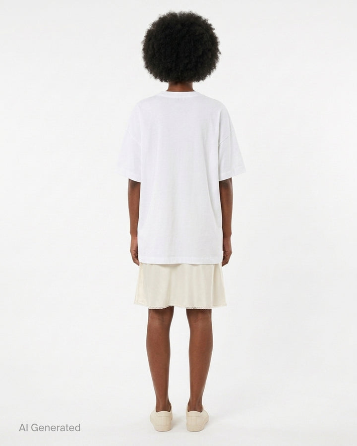 Vaquera layered dress combining an oversized white T-shirt with a cream satin bustier slip dress with lace hem - back