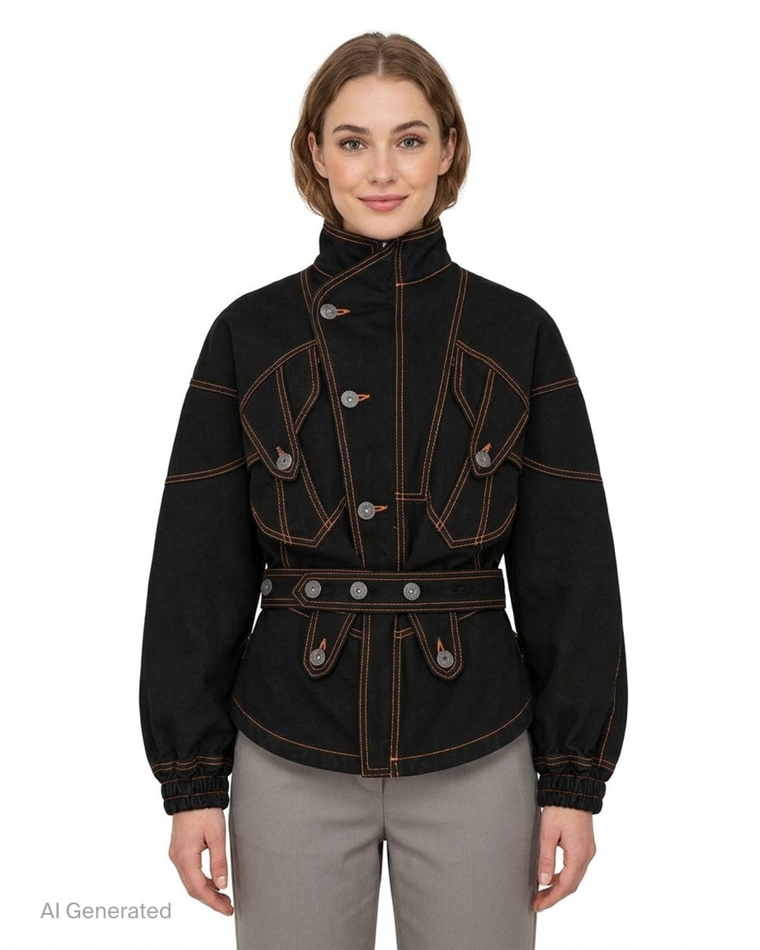 Vaquera women's black denim jacket with orange contrast topstitching, stand collar, button-tab pocket flaps, belted waist and elasticated cuffs - front