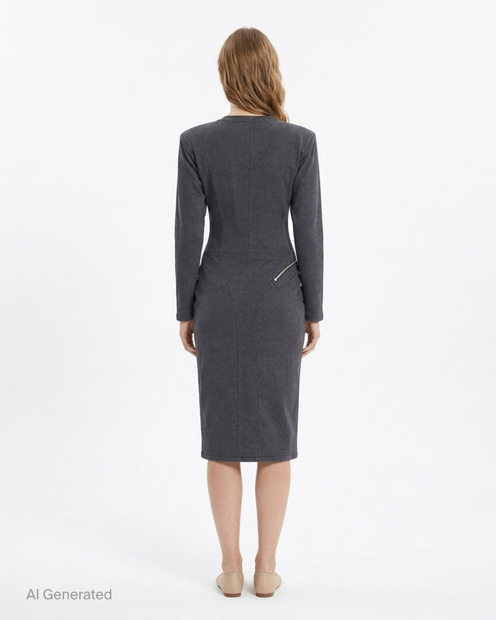 Vaquera women's charcoal long sleeve knit dress with corset-style bodice seams, padded shoulders and diagonal silver zippers - back