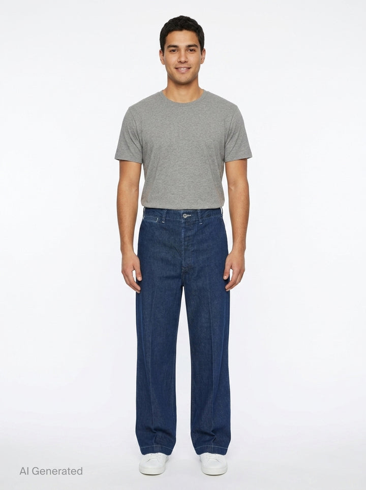 visvim Broader Wide-Leg Jeans in medium indigo denim, shown flat with a high-rise waist, pressed front crease, and wide straight-leg silhouette - front
