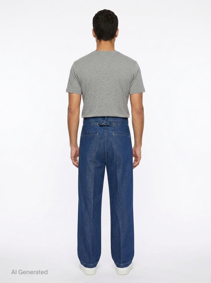 visvim Broader Wide-Leg Jeans in medium indigo denim, shown flat with a high-rise waist, pressed front crease, and wide straight-leg silhouette - back