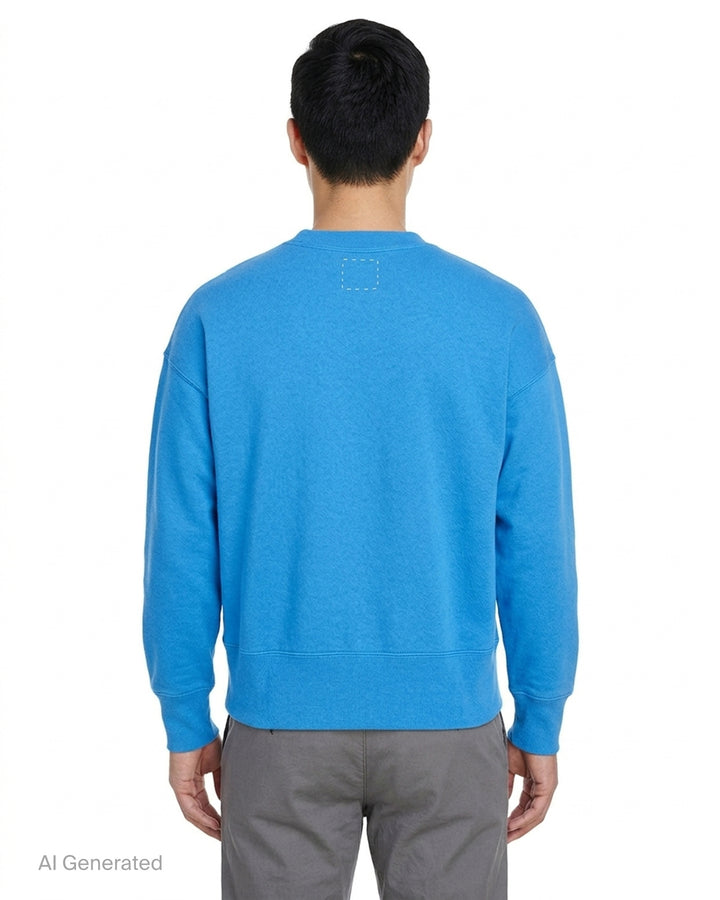 visvim Court long sleeve sweatshirt in bright blue custom cotton with V-gusset, ribbed crewneck, cuffs, and hem - back