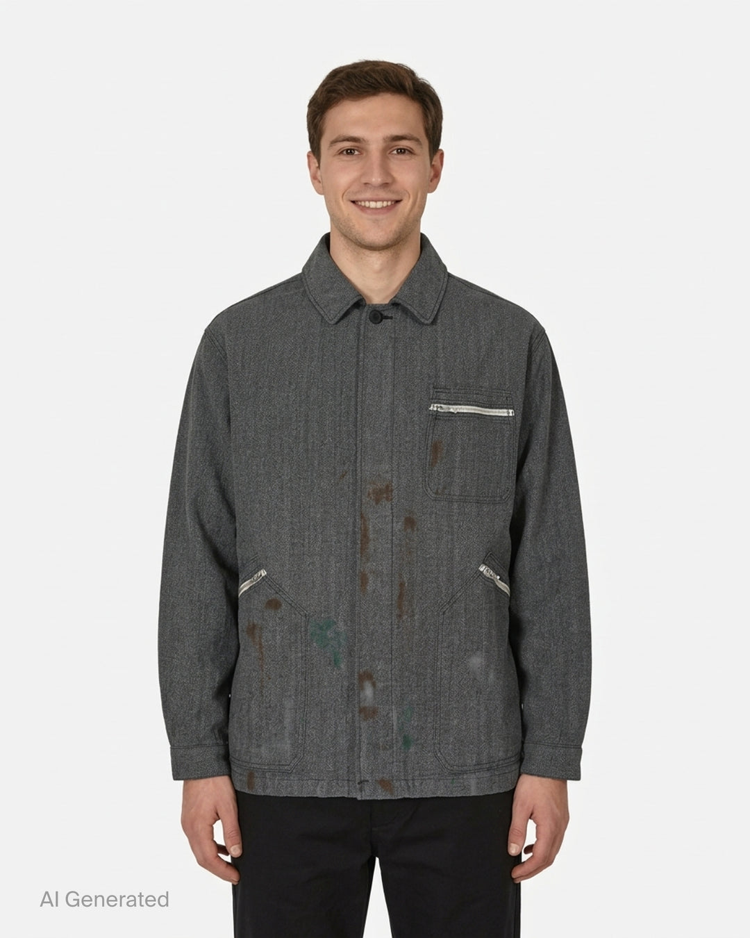 visvim Eclair Coverall Custom Long jacket in washed charcoal grey with paint splatter details, zip chest pocket and angled zip waist pockets - front