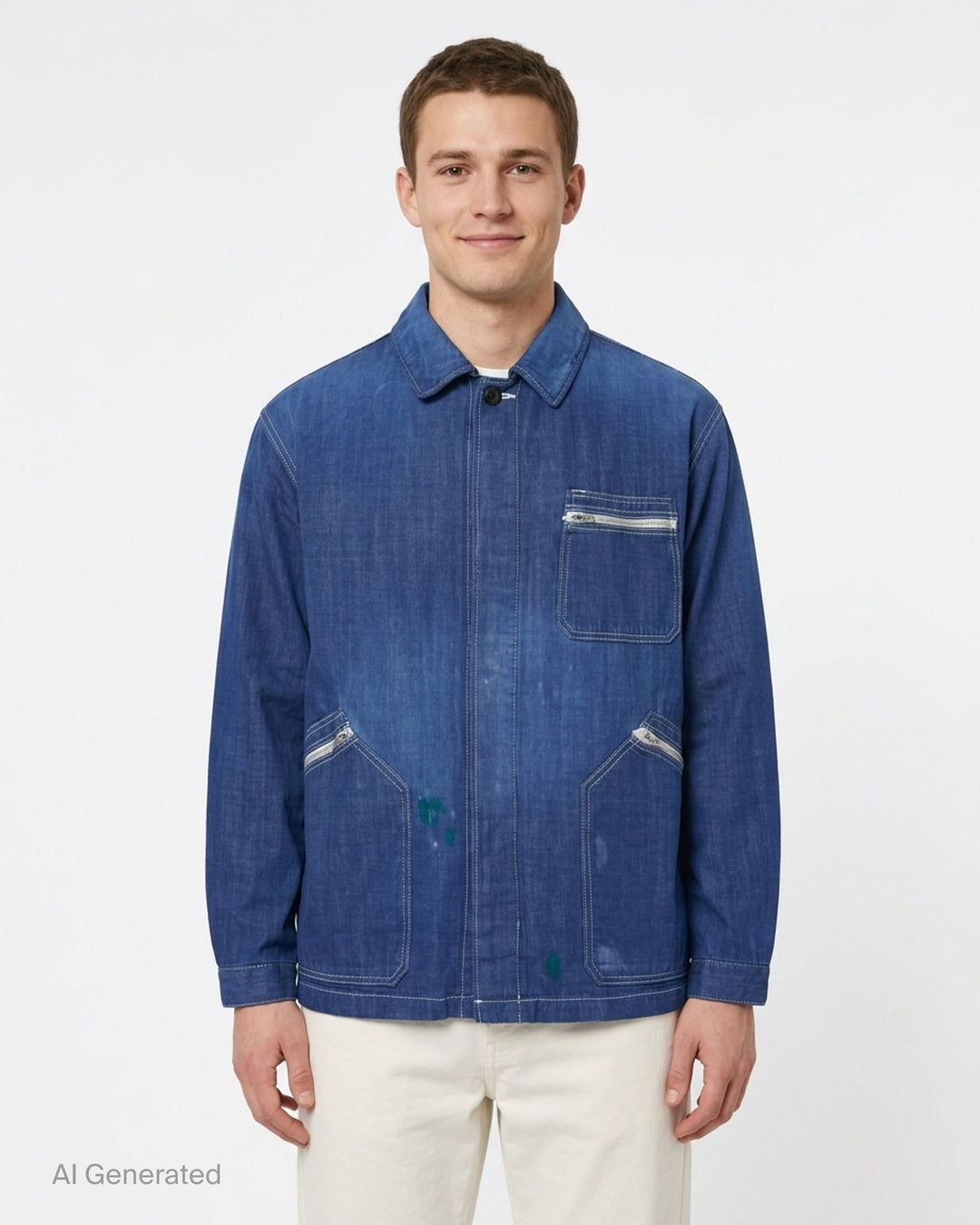 visvim Eclair Coverall Custom Long jacket in washed charcoal grey with paint splatter details, zip chest pocket and angled zip waist pockets - front