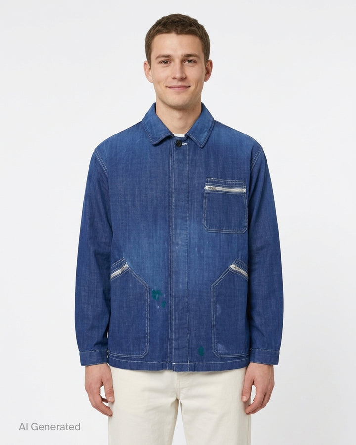 visvim Eclair Coverall Custom Long jacket in washed charcoal grey with paint splatter details, zip chest pocket and angled zip waist pockets - front