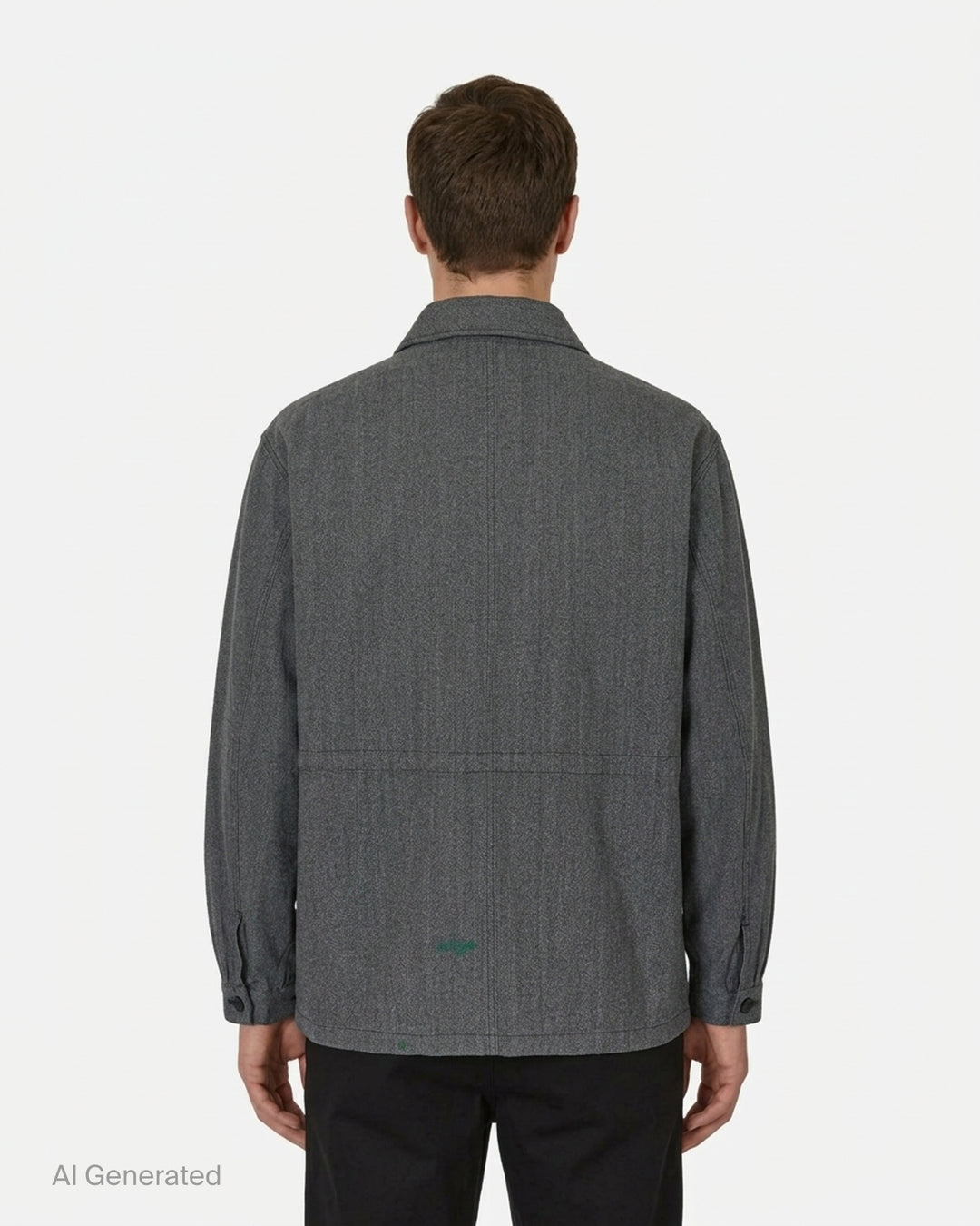 visvim Eclair Coverall Custom Long jacket in washed charcoal grey with paint splatter details, zip chest pocket and angled zip waist pockets - back
