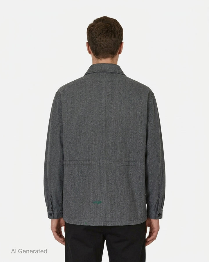 visvim Eclair Coverall Custom Long jacket in washed charcoal grey with paint splatter details, zip chest pocket and angled zip waist pockets - back