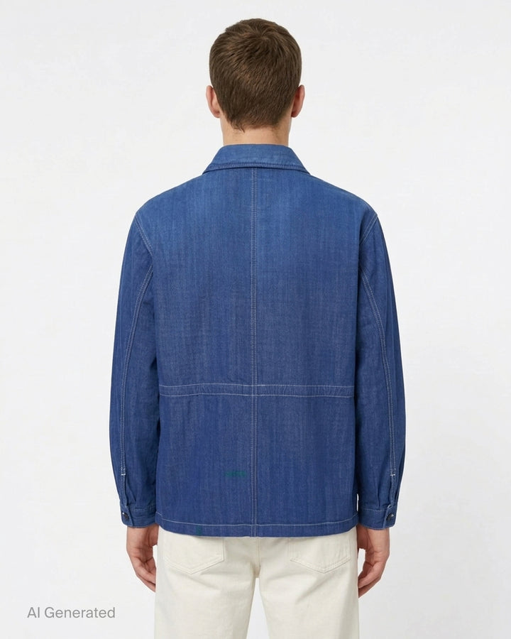 visvim Eclair Coverall Custom Long jacket in washed charcoal grey with paint splatter details, zip chest pocket and angled zip waist pockets - back