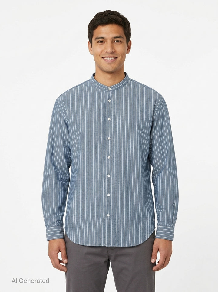 visvim Ingall Long Sleeve Shirt in blue chambray with white pinstripes, featuring a Mandarin band collar, cream button placket, and double-stripe cuff detailing - front