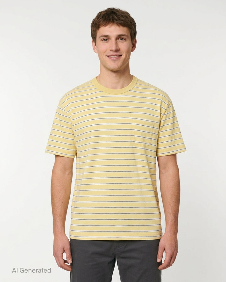visvim Jumbo Border Short Sleeve Tee in yellow with fine navy and white horizontal stripes, ribbed crewneck and chest pocket, front view - front