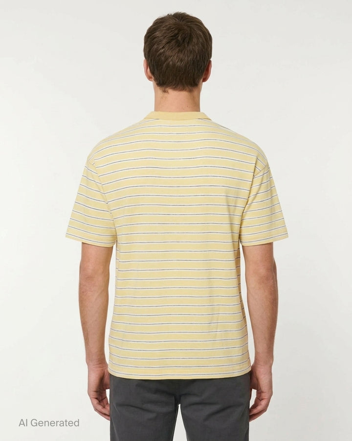 visvim Jumbo Border Short Sleeve Tee in yellow with fine navy and white horizontal stripes, ribbed crewneck and chest pocket, front view - back
