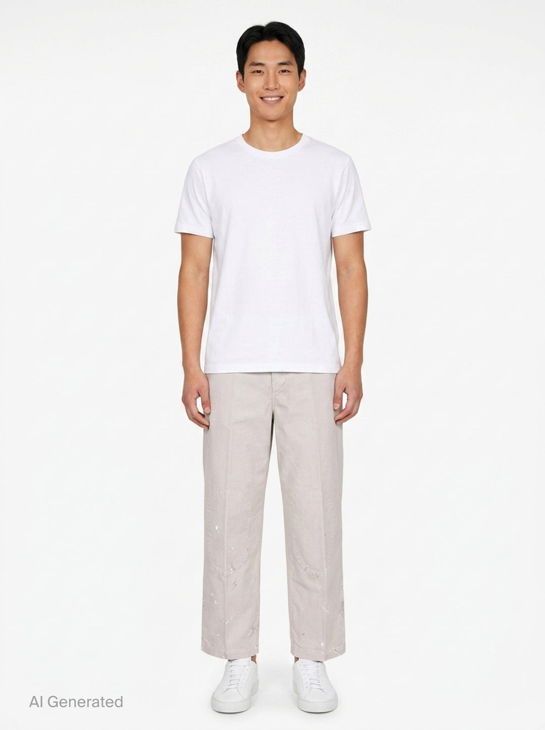 visvim Survey Damaged Pants in light stone, wide-leg silhouette with paint-splatter distressing on lower leg panels, front view on white background - front