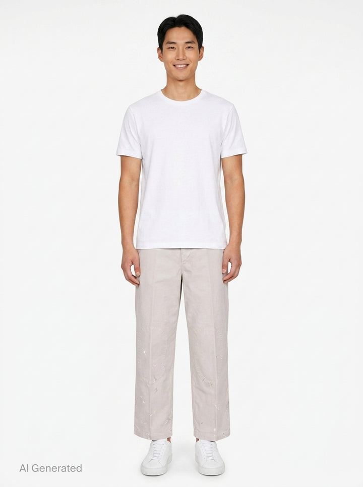 visvim Survey Damaged Pants in light stone, wide-leg silhouette with paint-splatter distressing on lower leg panels, front view on white background - front