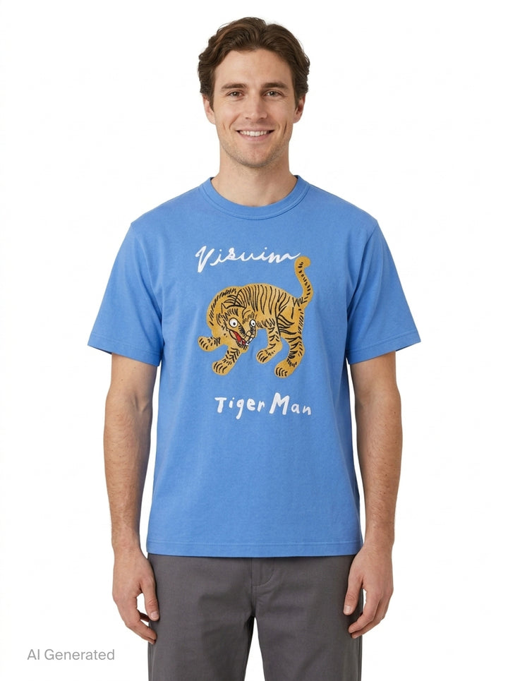 visvim Tiger Man Jumbo Short Sleeve Tee in cornflower blue, featuring a hand-drawn style striped tiger graphic with white script lettering above and below, laid flat on a white background - front