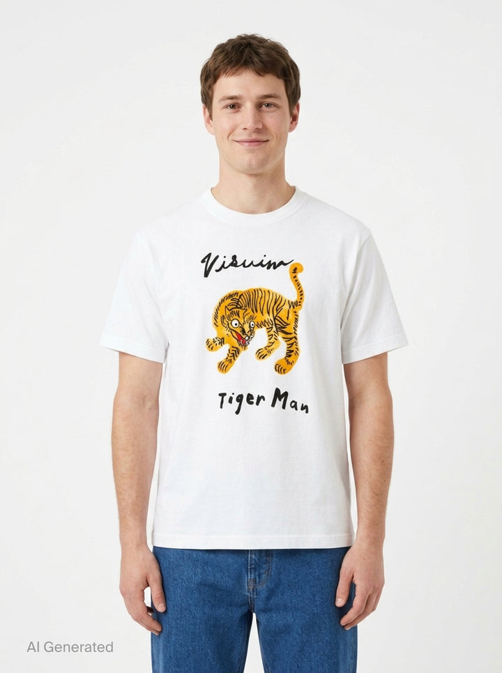 visvim Tiger Man Jumbo Short Sleeve Tee in cornflower blue, featuring a hand-drawn style striped tiger graphic with white script lettering above and below, laid flat on a white background - front