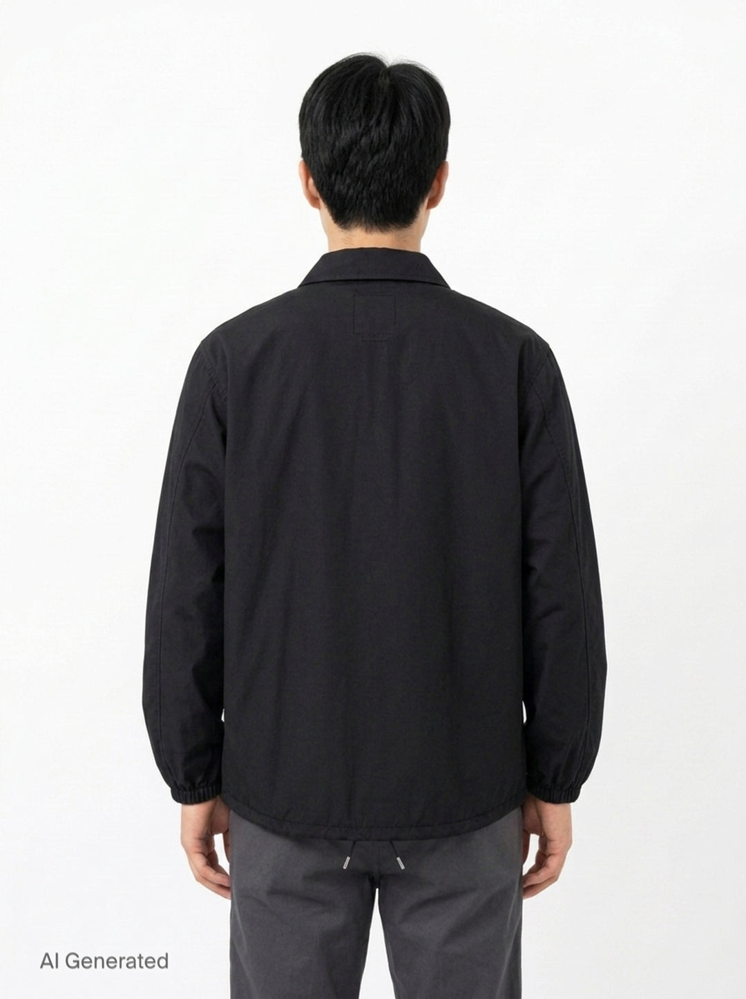 visvim Windfall Coach Jacket in black with embroidered Harmony script, snap-button front closure, and elasticated cuffs - back