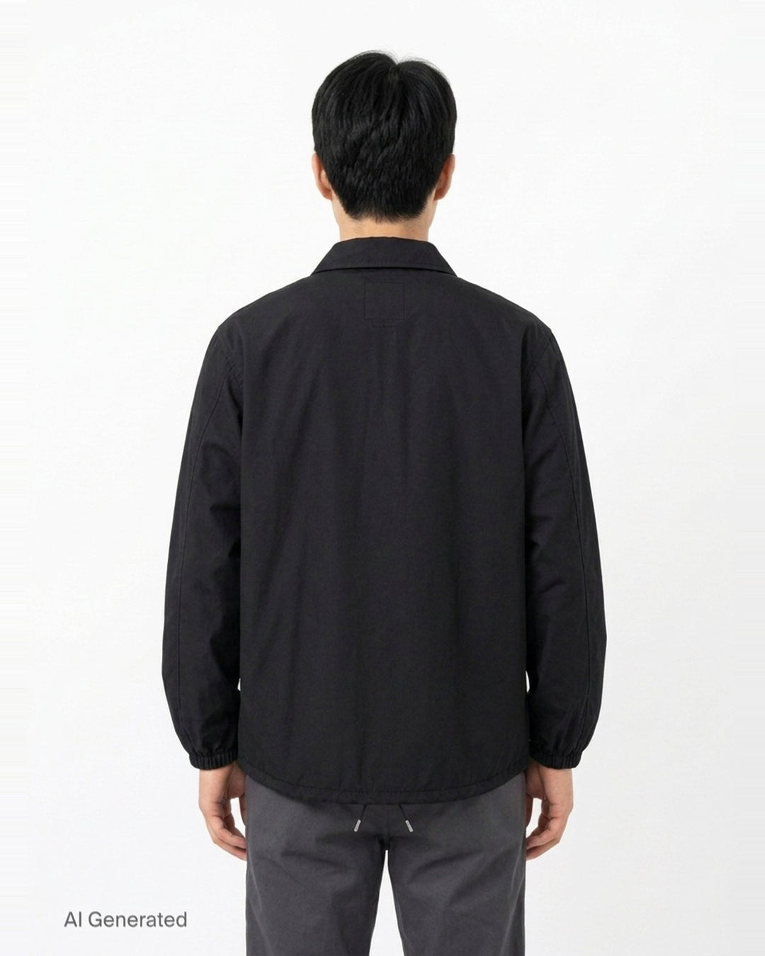visvim Windfall Coach Jacket in black with embroidered Harmony script, snap-button front closure, and elasticated cuffs - back