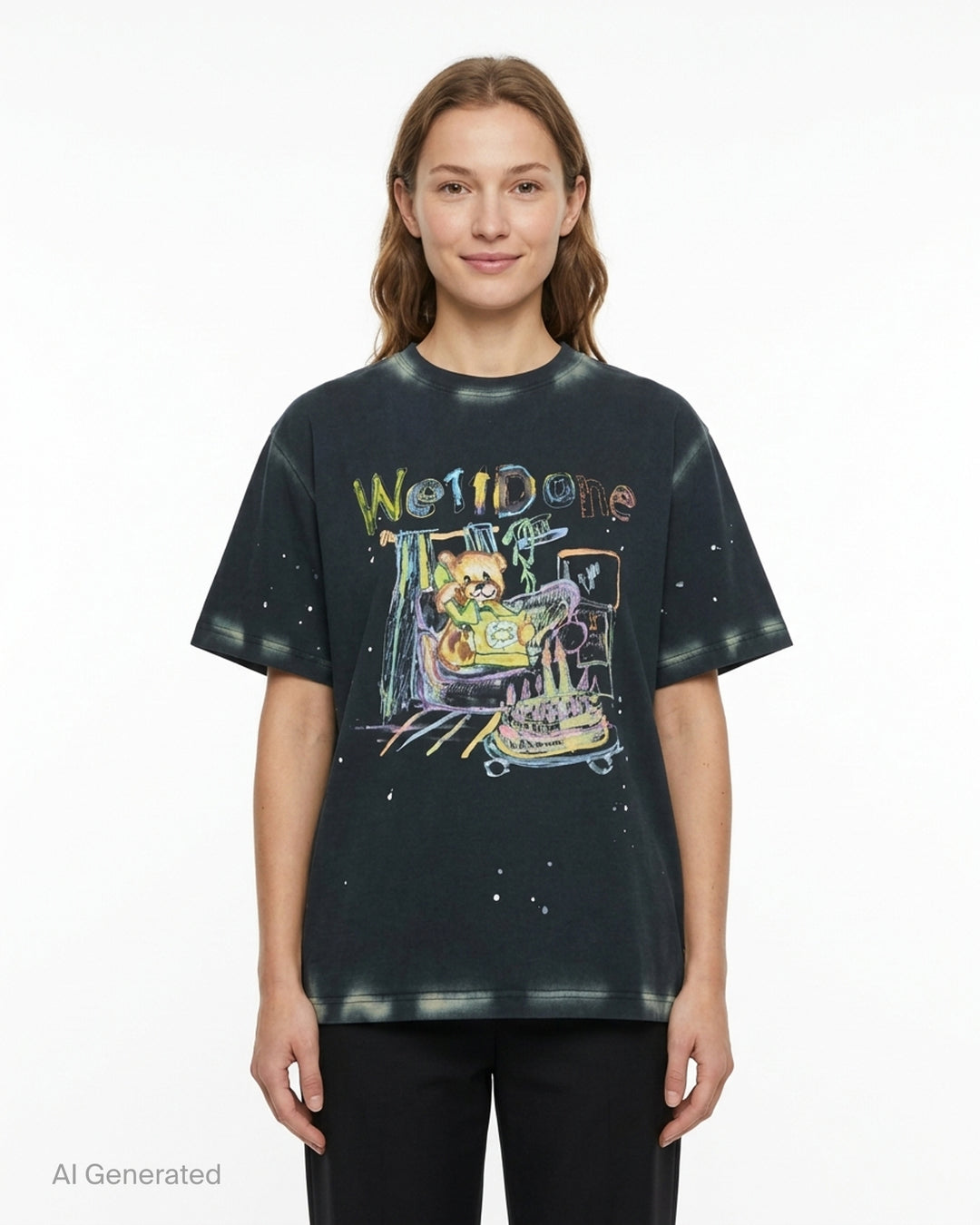 We11done Anniversary Teddy Tee in charcoal with multicolour crayon-style graphic of a teddy bear in a bumper car, paint splatter detailing, and hand-lettered We11done logo print - front