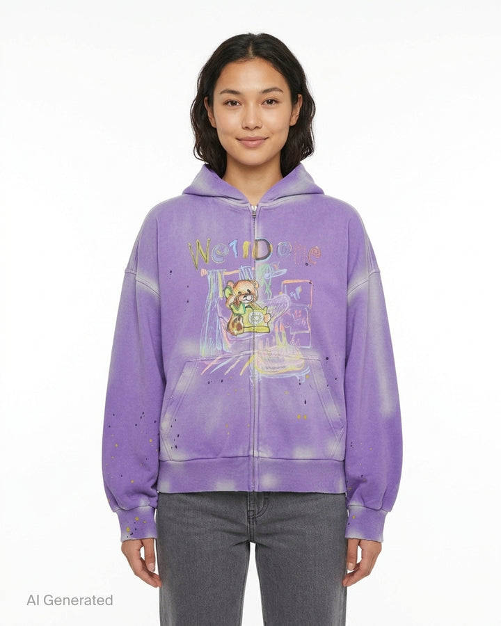 We11done Purple Anniversary Teddy Zip Hoodie with crayon-style teddy bear graphic, multicolour illustrative detailing, paint splatter, and bleach-wash distressing on an oversized silhouette - front