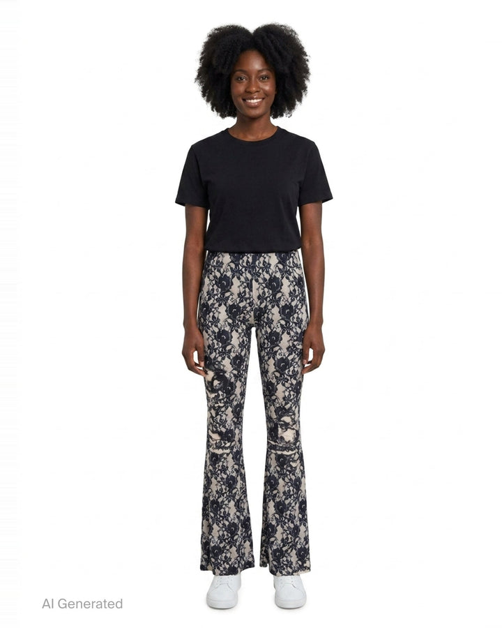 Black Lace Printed Flare Pants | We11done | Club21 - front