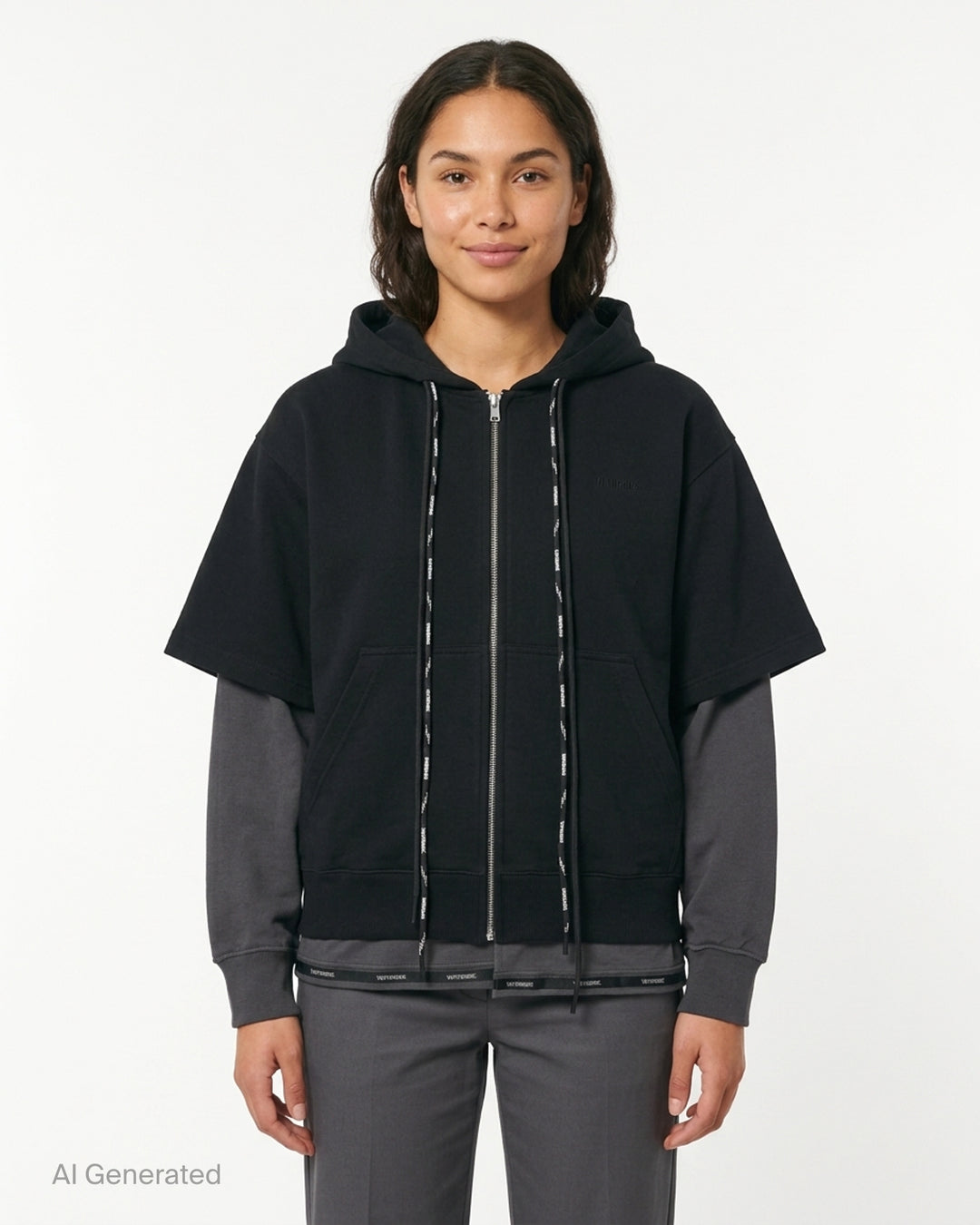 We11done Black Layered Double String Hoodie with contrast charcoal grey extended sleeves, full-length zip closure, logo drawstrings, and branded ribbed hem — front view - front